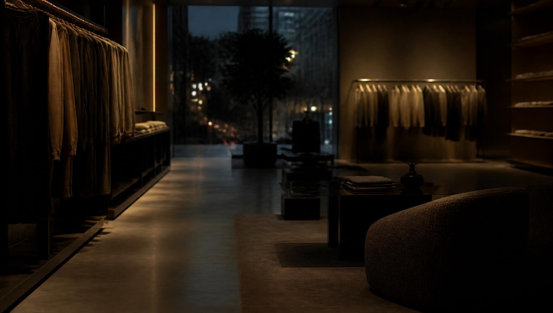 Interior of a premium fashion retail store at dusk